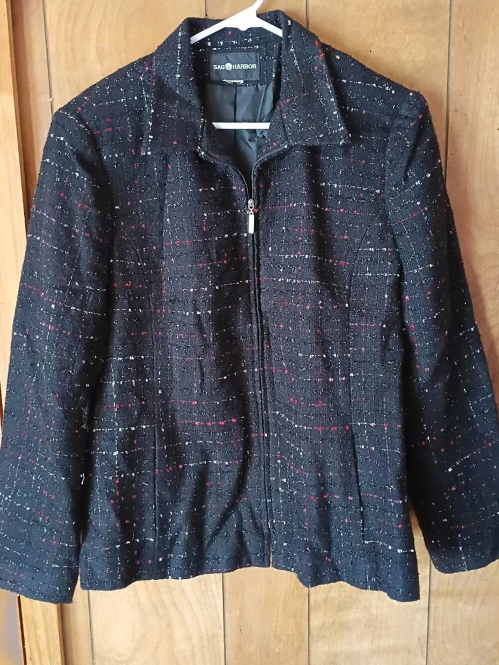 Sag Harbor Women’s Textured Zip Front Jacket Blazer Size L Black Tweed Style